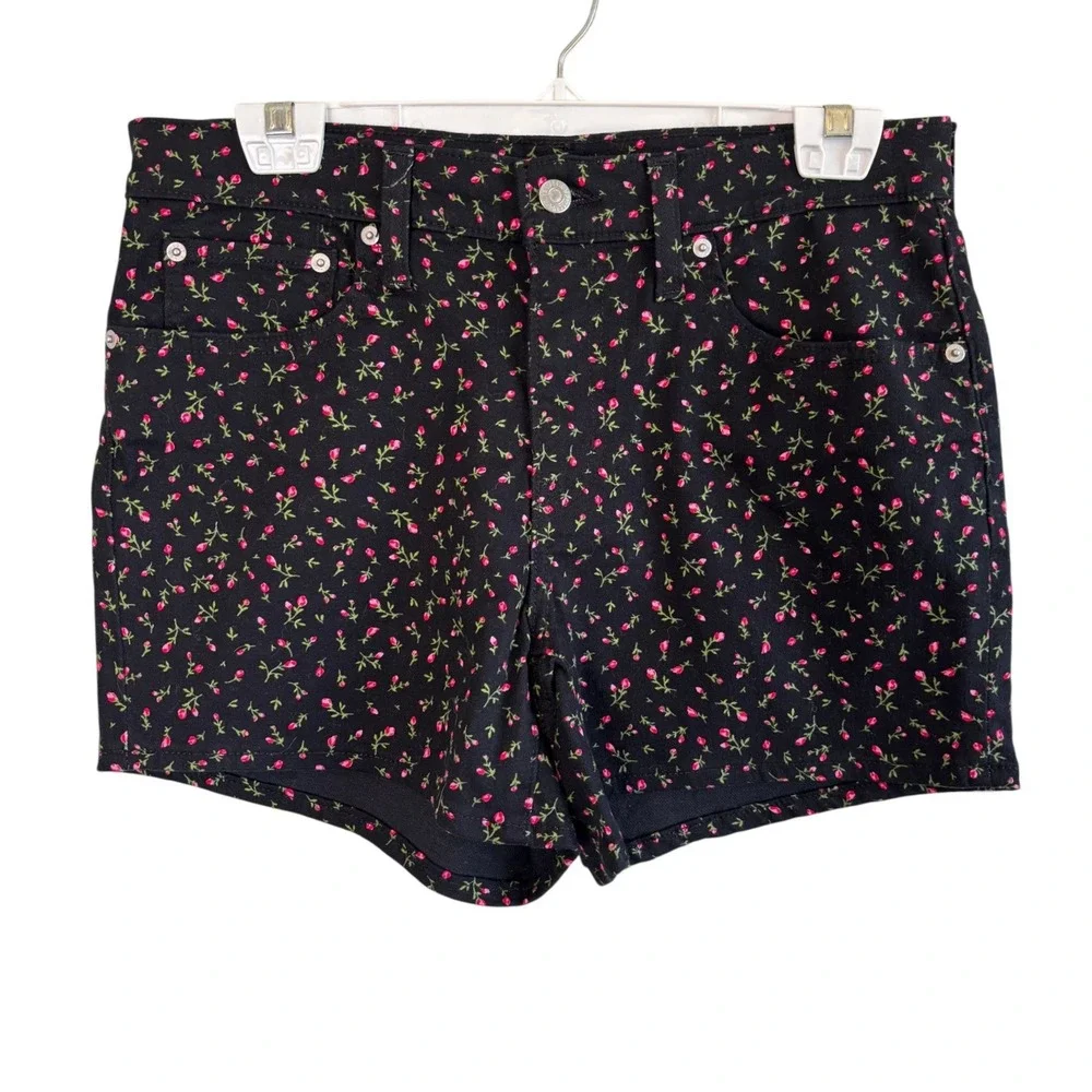 Levi's Mid Length Shorts Black Pink Floral Women 30 Denim Stretch 5-Pocket